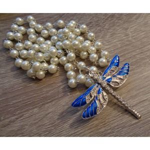 Dragonfly necklace blue dramatic 40 inch